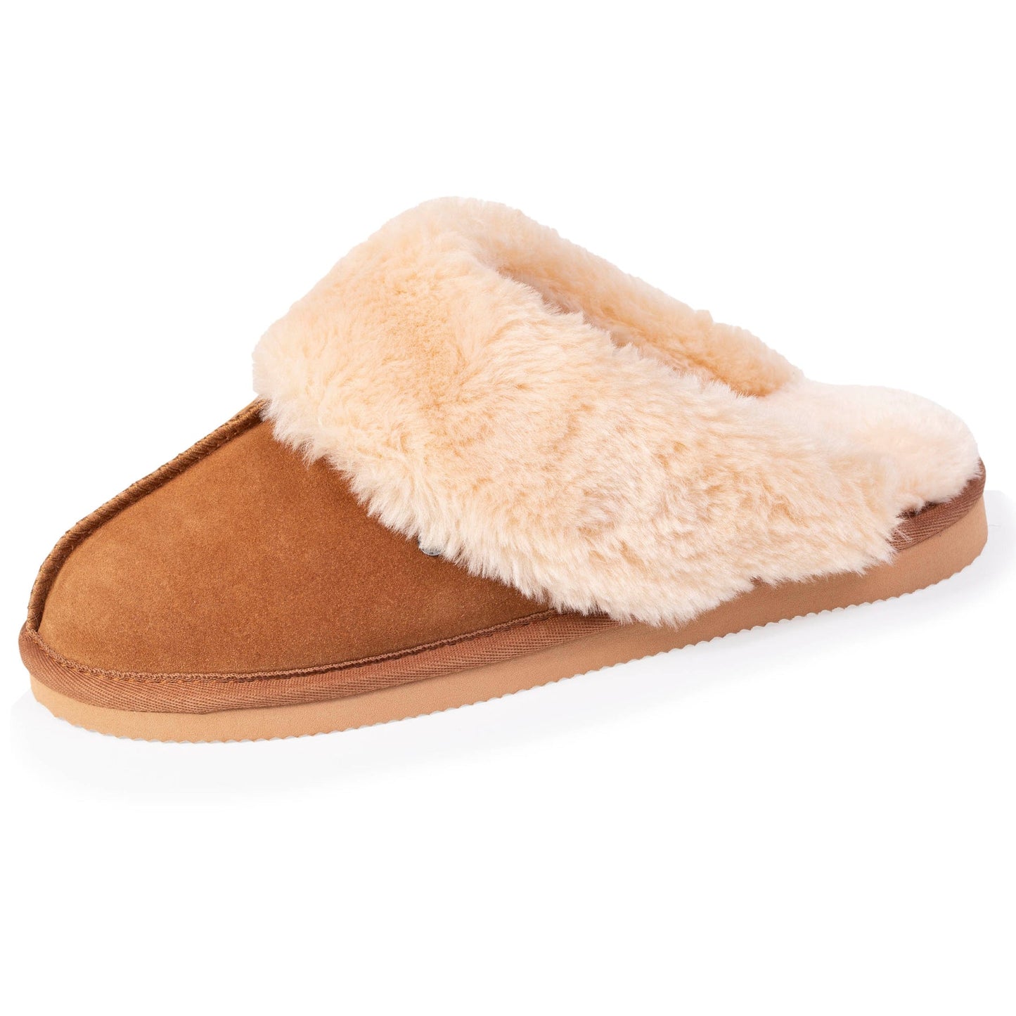 Chaussons Mules Isotoner femme cuir et fourrure Camel