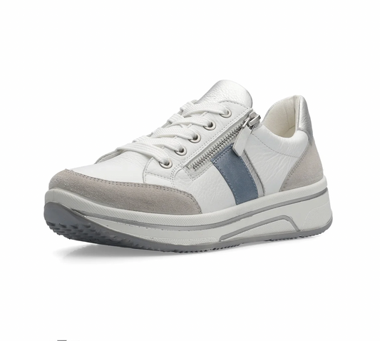 Baskets Ara Femme Sapporo cuir Blanc avec bleu et argent