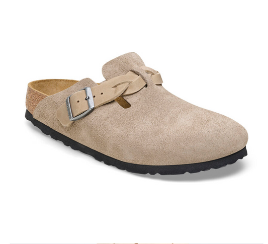 Sandales Birkenstock Femme Boston Braided Cuir Suède Taupe