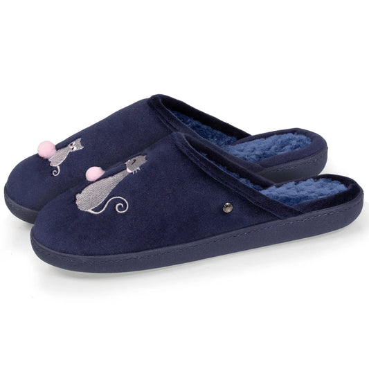 Chaussons Mules a mémoire de forme Isotoner Femme velour Marine